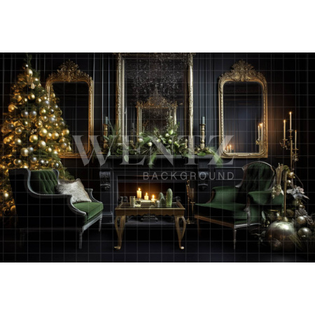 Fabric Photography Background Green and Gold Christmas Room / Backdrop 3874
