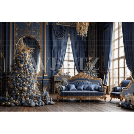 Fabric Photography Background Blue and Gold Christmas Room / Backdrop 3883