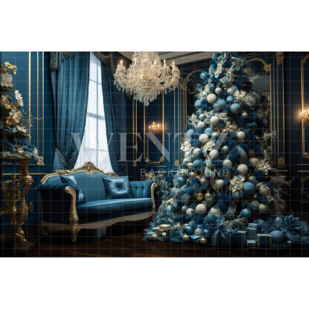 Fabric Photography Background Blue and Gold Christmas Room / Backdrop 3884
