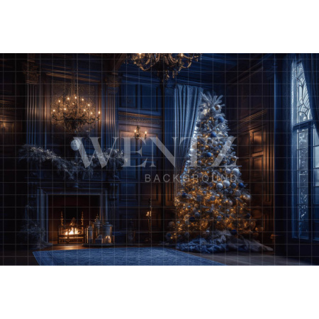 Fabric Photography Background Blue Room with Fireplace / Backdrop 3997
