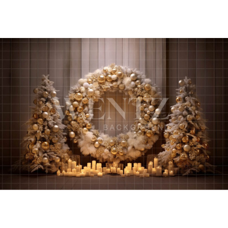 Fabric Photography Background Gold Christmas Wreath / Backdrop 4017