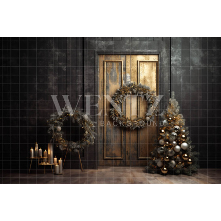 Fabric Photography Background Gold Christmas Door / Backdrop 4026