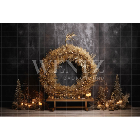 Fabric Photography Background Gold Christmas Wreath / Backdrop 4032