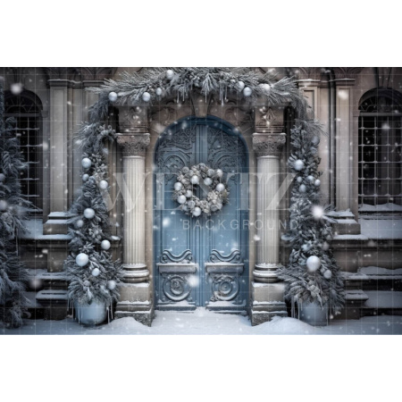 Fabric Photography Background Blue Christmas Door / Backdrop 4059