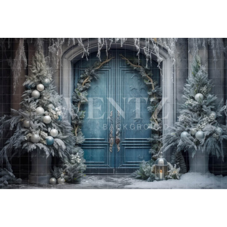 Fabric Photography Background Blue Christmas Door / Backdrop 4068
