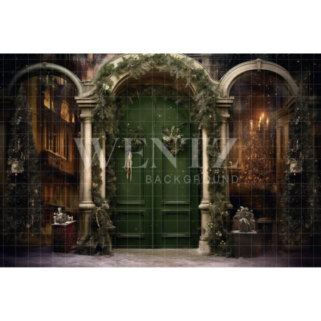 Fabric Photography Background Christmas Green Door / Backdrop 4115
