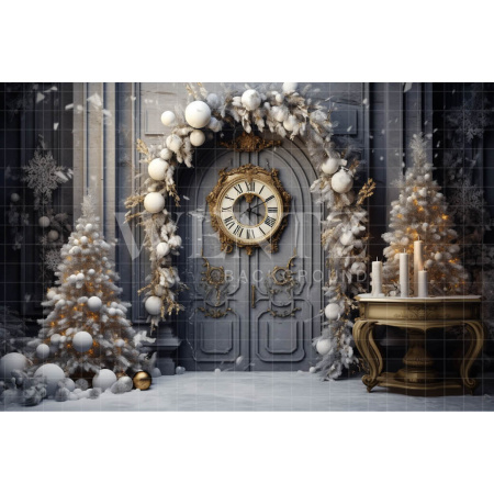 Fabric Photography Background Christmas Door with Clock / Backdrop 4150