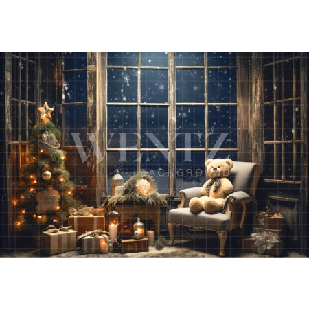 Fabric Photography Background Christmas Room with Teddy Bear / Backdrop 4564
