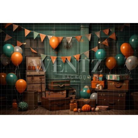 Fabric Photography Background Set with Suitcases and Balloons / Backdrop 4854
