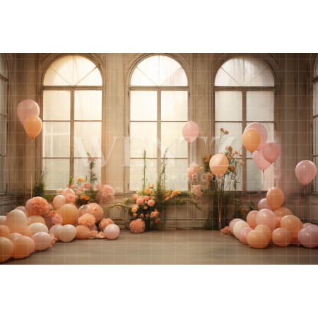 Photographic Background in Fabric Window with Pink Balloons / Backdrop 4917