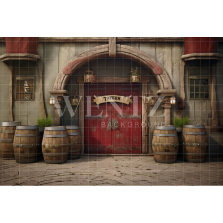 Photographic Background in Fabric Village with Barrel / Background 4932