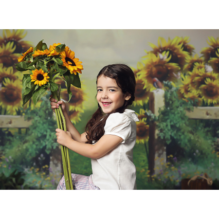 Fabric Photography Background Scenery Grove with Fence and Sunflower / Backdrop 2078