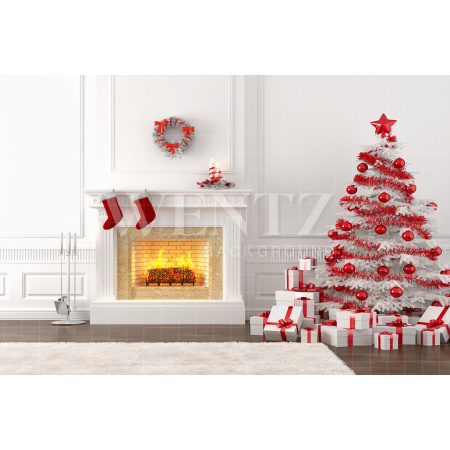 Fabric Photography Background Fireplace and Christmas Pine / Backdrop 760