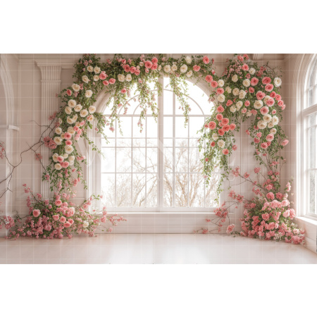 Fabric Photography Background Window with Spring Flowers / Backdrop 7863