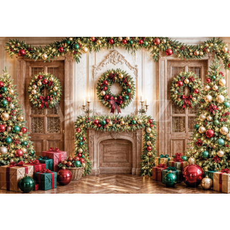 Fabric Photography Background Christmas Fireplace / Backdrop 8547