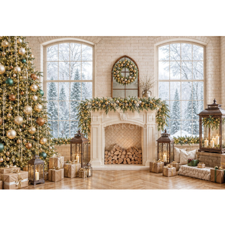 Fabric Photography Background Christmas Fireplace / Backdrop 8551