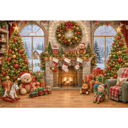 Fabric Photography Background Christmas Fireplace / Backdrop 8558