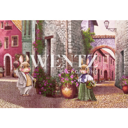 Fabric Photography Background Village with Bunnies / Backdrop CW107