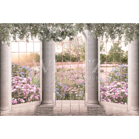 Fabric Photography Background Windows Overlooking the Flower Garden / Backdrop CW170