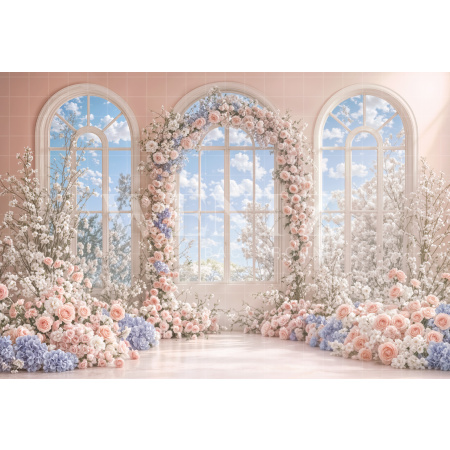 Fabric Photography Background Mother's Day Windows with Flowers / Backdrop 8158