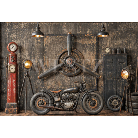 Fabric Photography Background Father's Day Motorcycle Repair Shop / Backdrop 8364