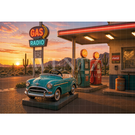 Fabric Photography Background Retro Gas Station Children's Day / Backdrop 8597
