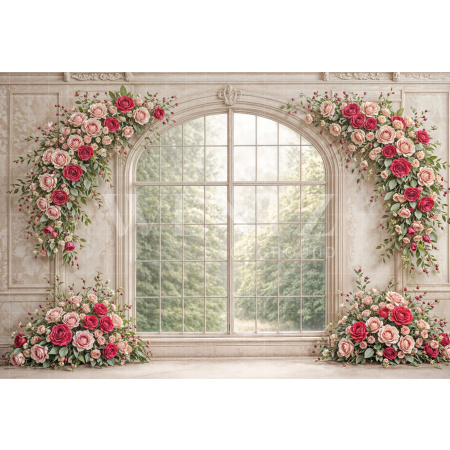 Fabric Photography Background Mother's Day Window with Flowers / Backdrop 8143