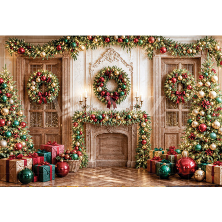 Fabric Photography Background Christmas Fireplace / Backdrop 8547