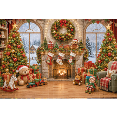 Fabric Photography Background Christmas Fireplace / Backdrop 8558