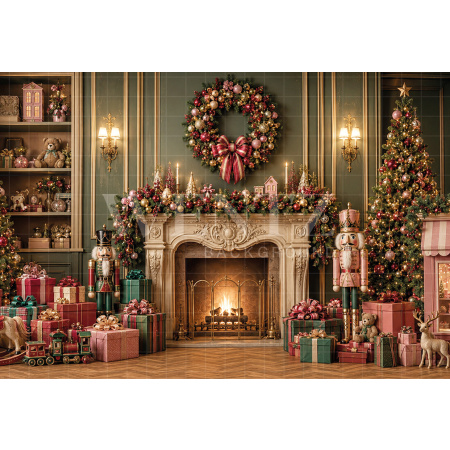 Fabric Photography Background Christmas Fireplace / Backdrop 8889