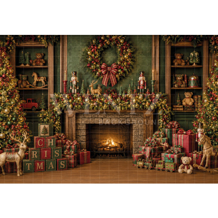 Fabric Photography Background Christmas Fireplace / Backdrop 8890