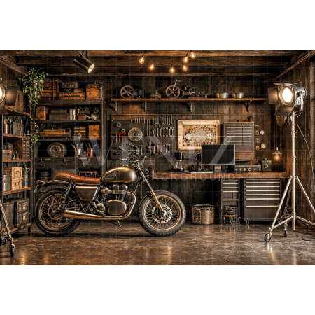 Fabric Photography Background Father's Day Motorcycle Repair Shop / Backdrop 8372