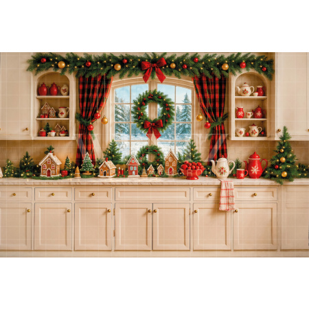 Fabric Photography Background Christmas Kitchen / Backdrop 7589